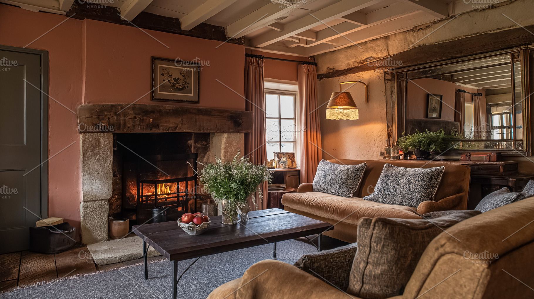 Cozy rustic living room featuring a burning fireplace, comfortable sofa, and vi, an Architecture Photo by Studio ANNA
