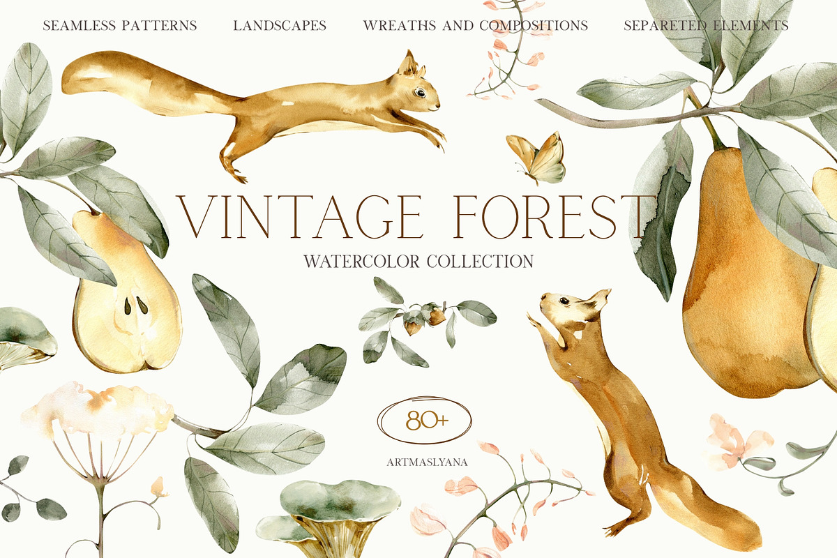 Vintage Forest Watercolor Collection, an Object Illustration by ArtMaslyana (Photo 1 of 15)