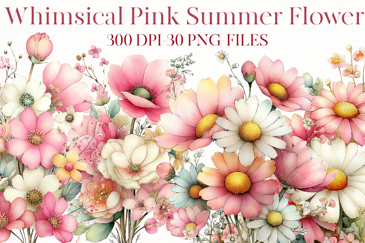 Whimsical pink Summer flower clipart, an Illustration by Designworld (Photo 1 of 7)