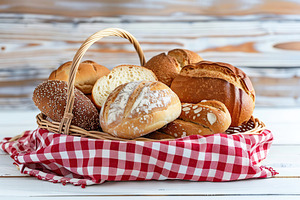 Freshly different baked bread in basket on wooden table, a Food & Drink Photo by AlyaAnd