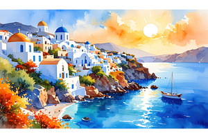 A watercolor of Santorini at sunset, an Architecture Photo by Igor Tichonow