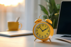 Yellow alarm clock on desk next to l, a Photo by Iftikhar Alam