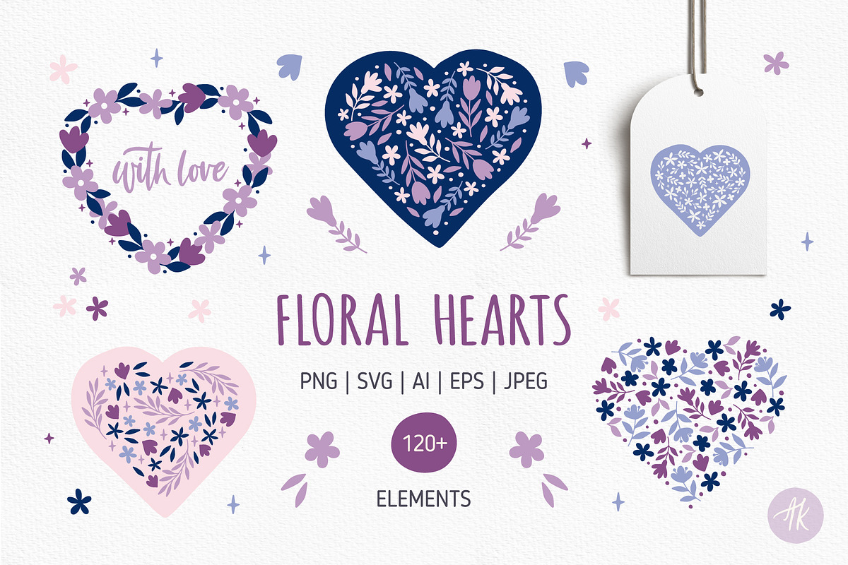 Floral Hearts Vector Clipart Set, an Object Graphic by Alena Koval (Photo 1 of 12)