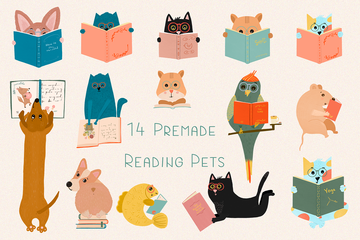 Cute pets reading the books. Clipart, an Animal Illustration by PenguinArtStudio (Photo 2 of 13)