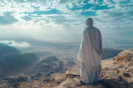 A arabic person in traditional attire stands on a rocky cliff, overlooking a va, a Person Photo by Textures & Backgrounds