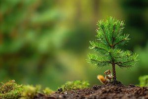 Little cute squirrel near pine tree sapling in the forest, a Nature Photo by AlyaAnd