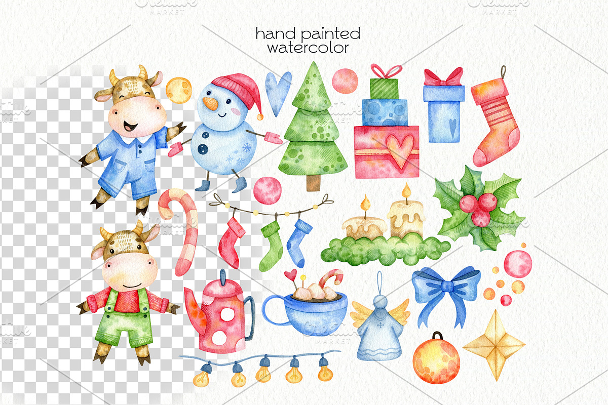 Watercolor Christmas Bulls Clipart, a Decorative Illustration by OllyKo Art (Photo 4 of 8)