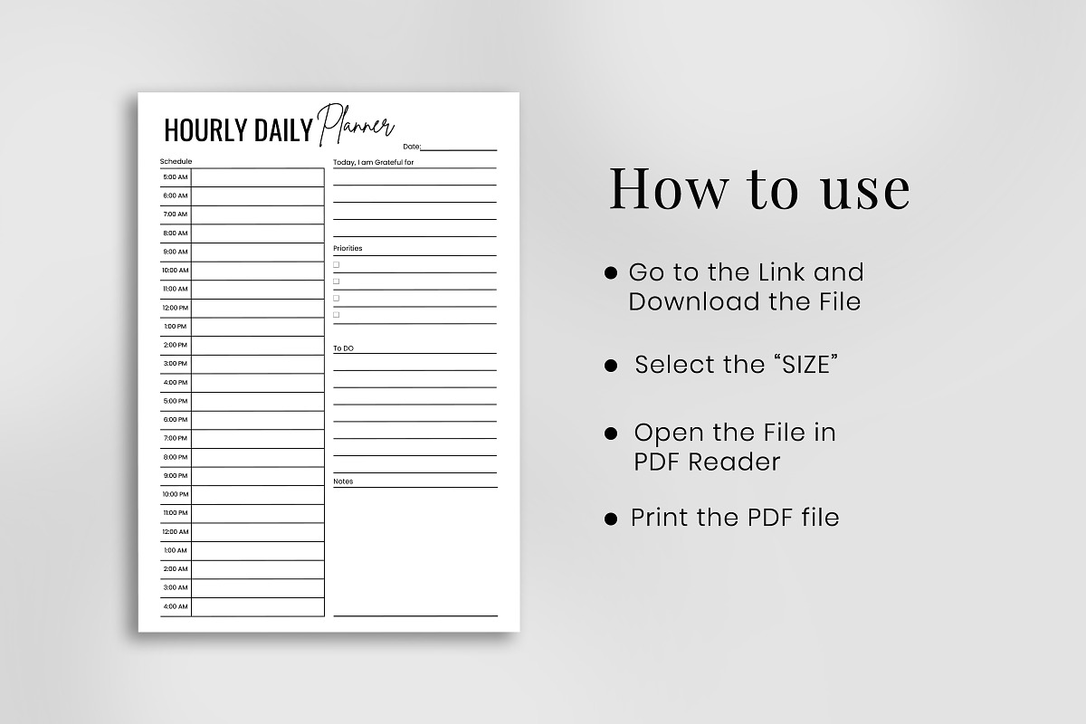 Daily Hourly Planner Printable Pdf, a Print Template by Snapybiz