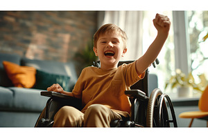 Smiling boy in a wheelchair indoors, an Architecture Photo by Sergey Kotenev