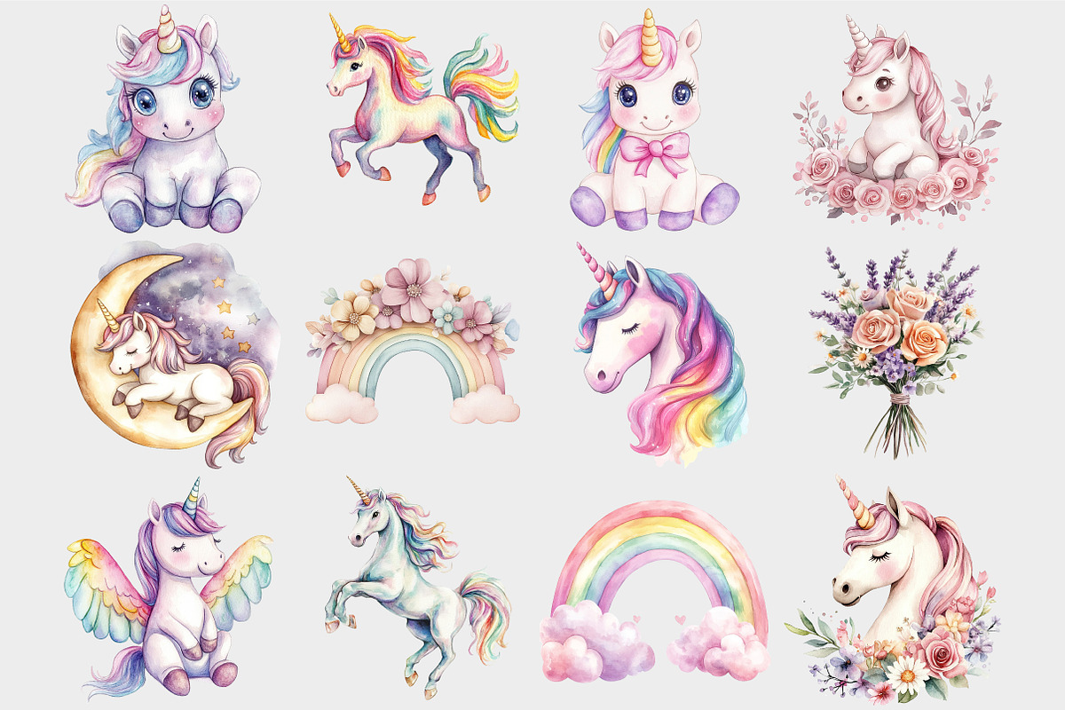 Watercolor Pastel Unicorn Clipart, a Seasonal Illustration by Design Market (Photo 4 of 5)