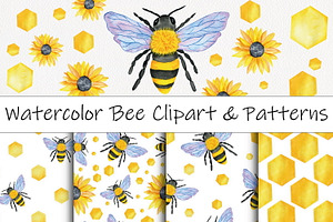 Watercolor Bee Clipart & Patterns