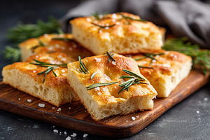 Freshly baked focaccia bread with rosemary on a wooden board in a cozy kitchen, a Food & Drink Photo by AlyaAnd
