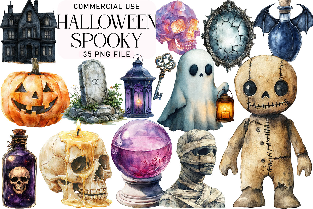 Watercolor Halloween Spooky Clipart, an Illustration by Daily.Designs (Photo 1 of 3)