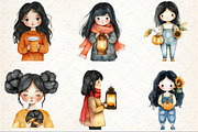 Whimsical Fall Black Hair Girl Clipa, a Seasonal Illustration by Rose Art (Thumbnail 3 of 7)