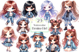 Watercolor Denim Girl Clipart