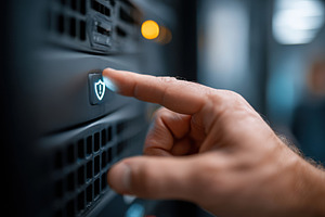 Hand pressing security button on server rack, a Technology Photo by AlyaAnd