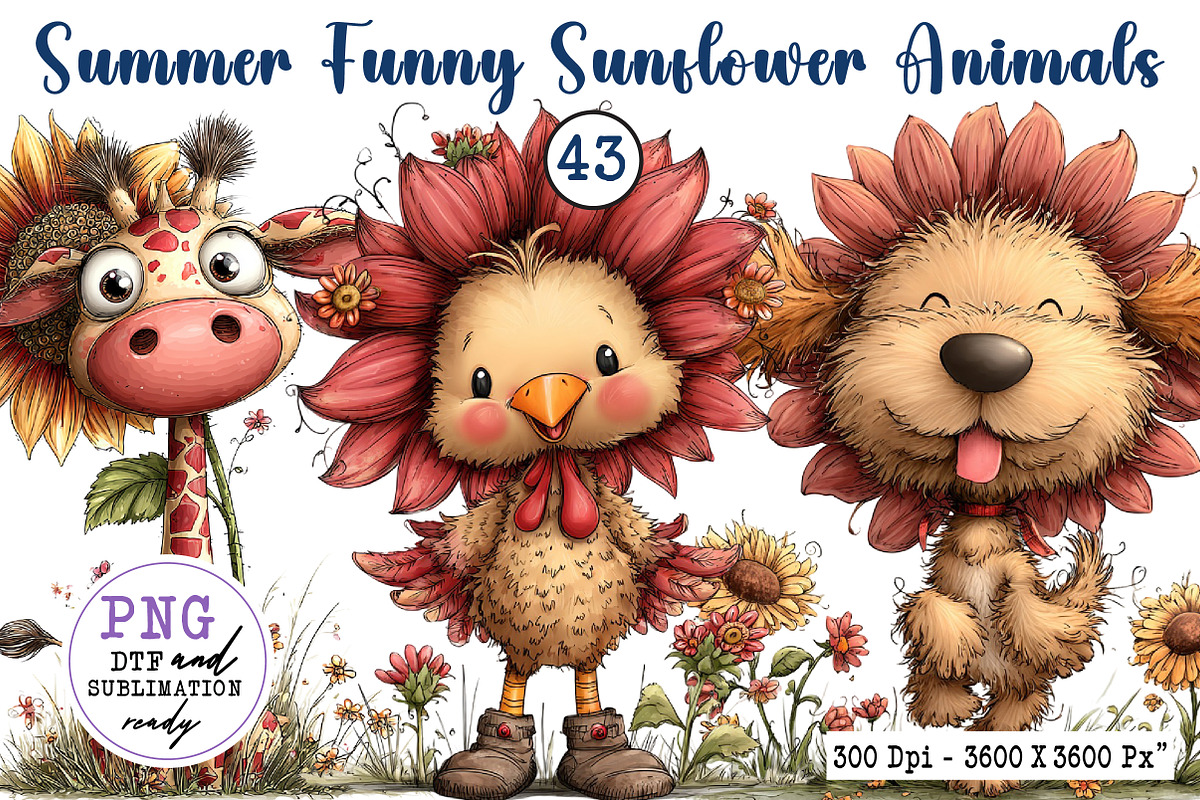 Summer Funny Sunflower Animals, an Animal Illustration by CreationArt (Photo 1 of 7)