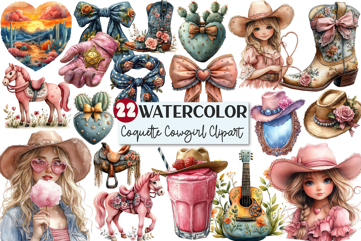 Watercolor Coquette Cowgirl Clipart, a Seasonal Illustration by Rose Art (Photo 1 of 4)