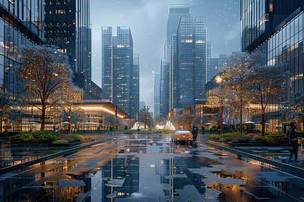 Evening downpour in a bustling city, a Photo by LOGOCREATIVE