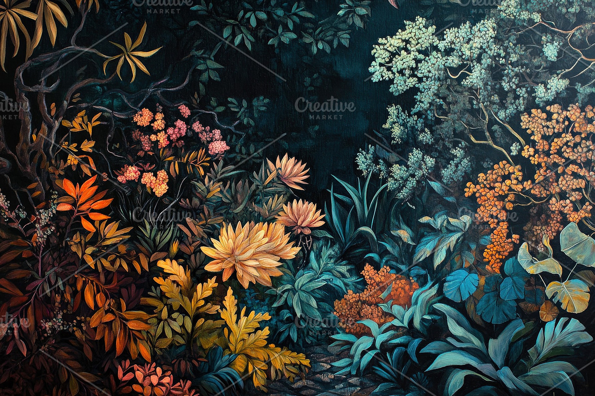 Botanical dark garden mural art, a Decorative Illustration by Virgo Studio