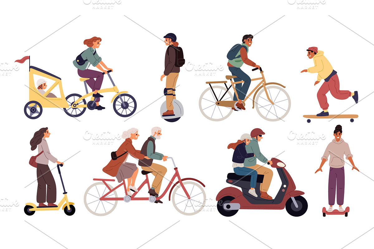 People ride electric city transport, a Transportation Illustration by Vectorbuum