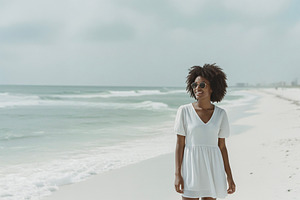 Happy Black woman in a white dress, a Photo by rarrarorro