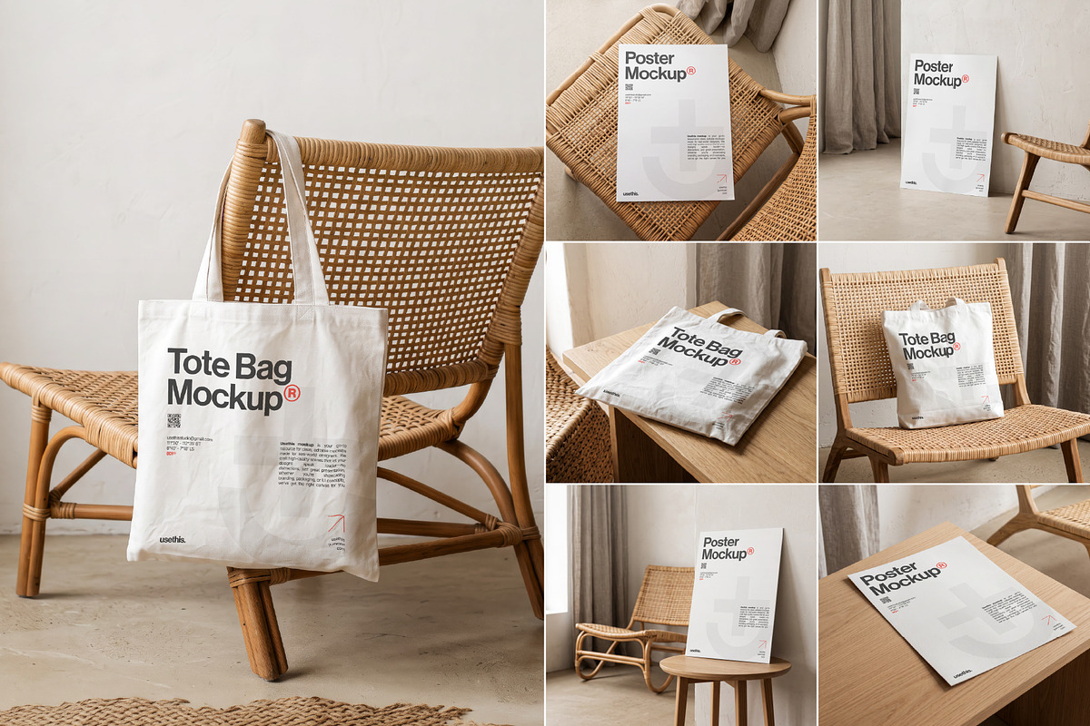 Rattan Poster & Tote Bag Mockup, a Packaging Mockup by Usethis Mockup (Photo 1 of 8)