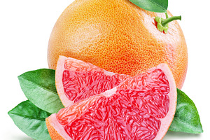 Grapefruit with green leaf and grapefruit slices on white backgr, a Food & Drink Photo by Volff