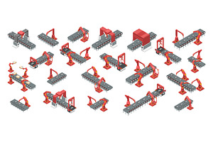 Isometric conveyor with robotic arms, a Technology Illustration by Yayasya