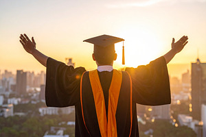 Student in graduation gown standing at the edge of a rooftop ove, a School & Education Photo by DanFLCreativo