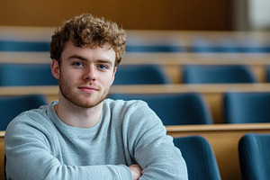 Student listens to a lecture in large auditorium, a Photo by AlyaAnd