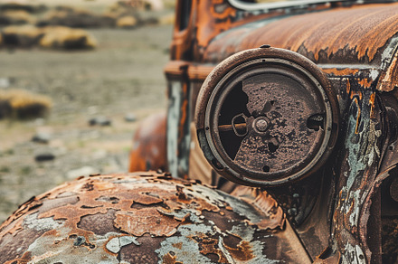 Close-up of a vintage, rusted car with peeling paint and a weathered dashboard., an Industrial Photo by Textures & Backgrounds