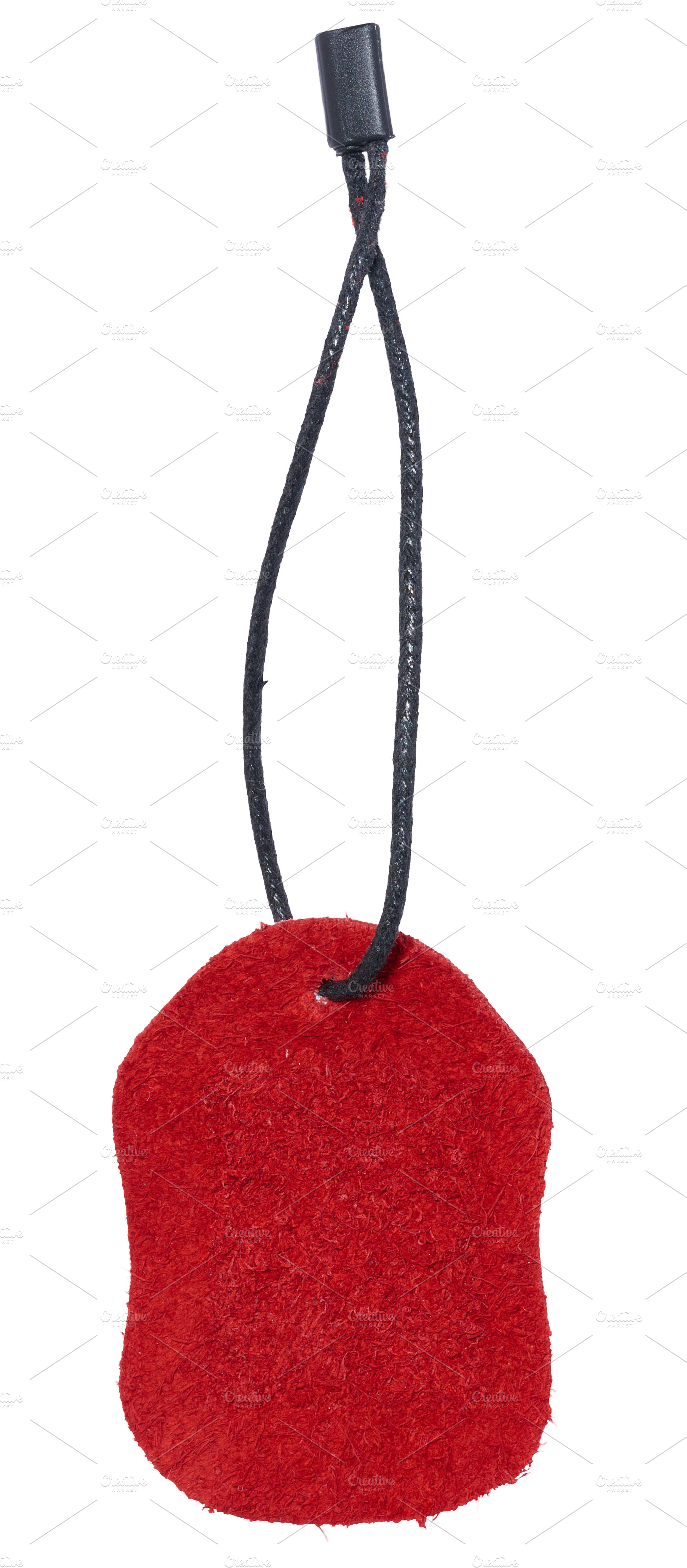 Red suede tag or label on a black cord, isolated background. Bla, a Business Photo by ndanko