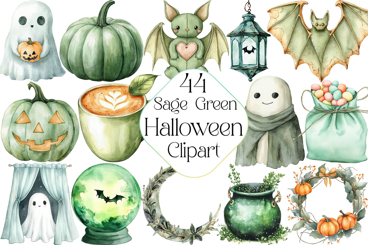 Sage Green Halloween Clipart, an Illustration by DreamPrint404 (Photo 1 of 5)
