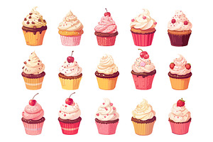 Set of cartoon cupcakes, various, a Food Illustration by LadadikArt