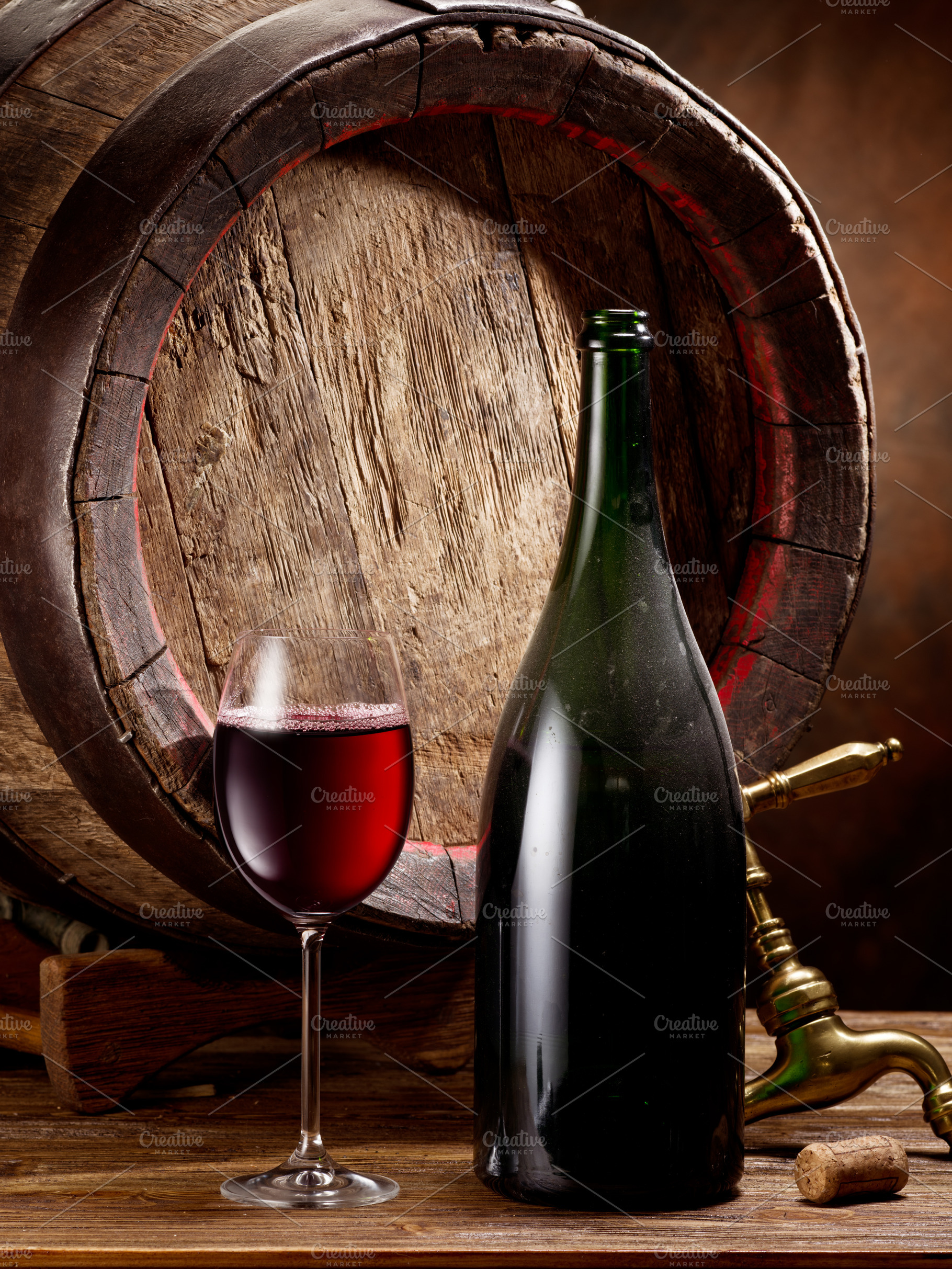 Glass of red wine, wine wooden cask, a Food & Drink Photo by Volff