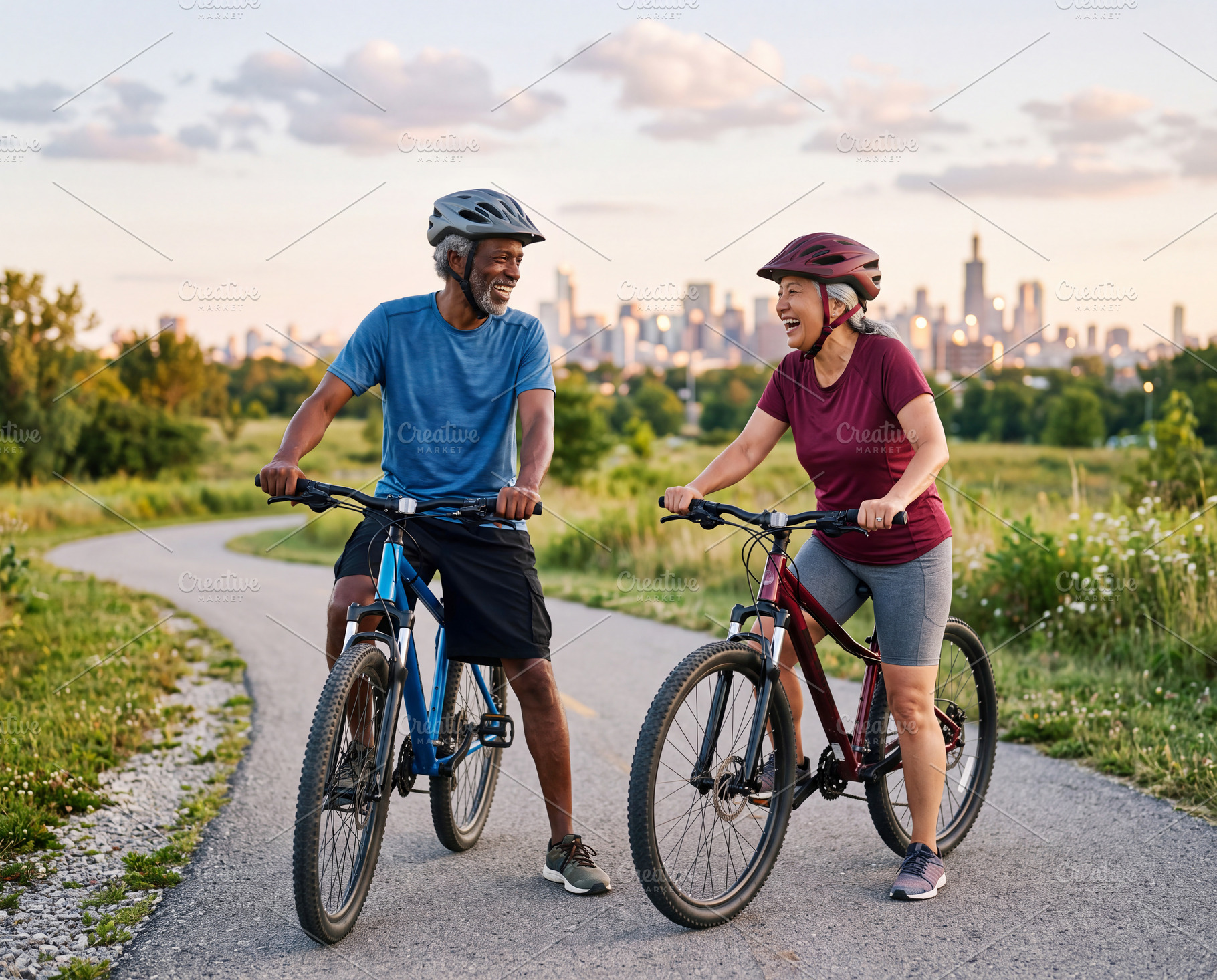 Active multiracial senior couple stopping on bicycles along park, a Sports & Recreation Photo by Volff