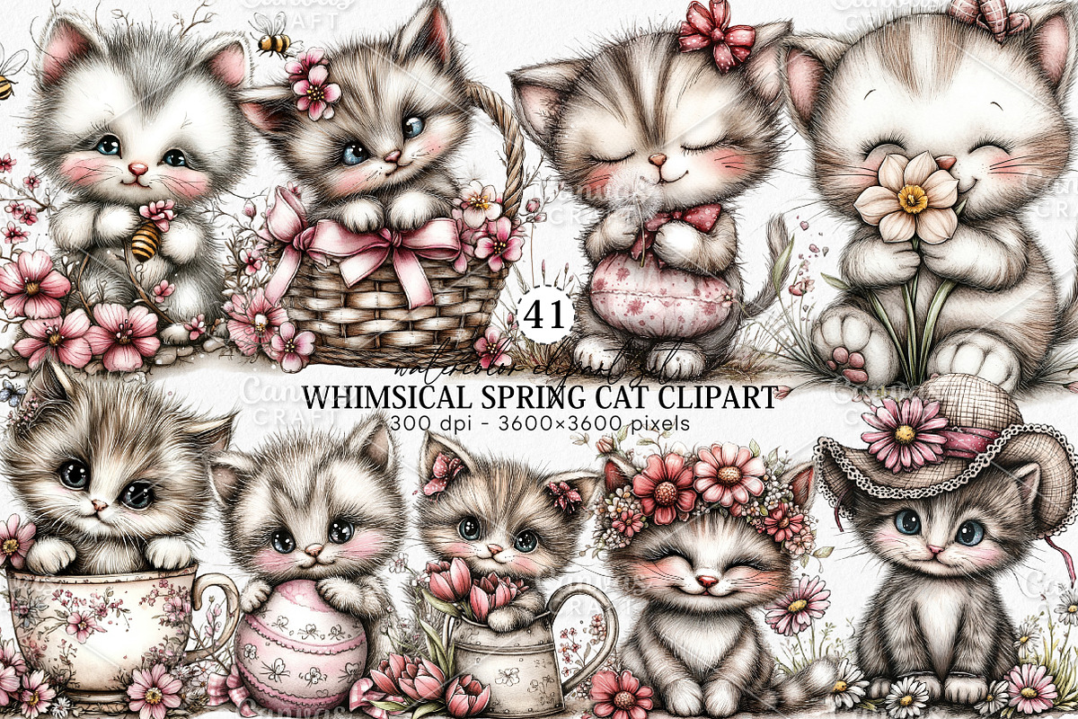 Whimsical Spring Cat Clipart Bundle, an Illustration by Canvas Craft (Photo 1 of 7)