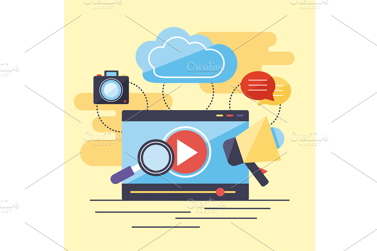 movie screen with multimedia icons, an Object Illustration by studiogstock