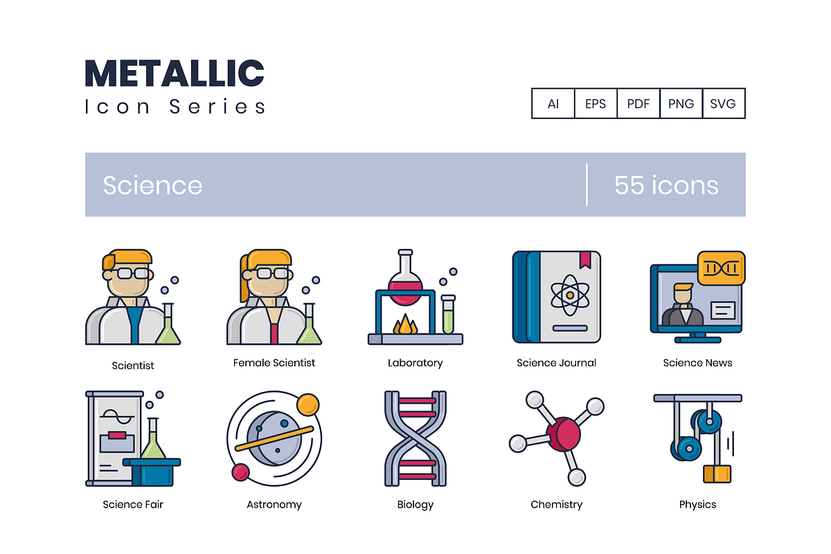 55 Science Icons | Metallic Series, an Icon by Flat Icons