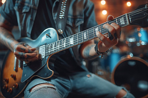 A male musician passionately strums an electric guitar in a cozy, dimly lit spa, a Person Photo by ImageMir