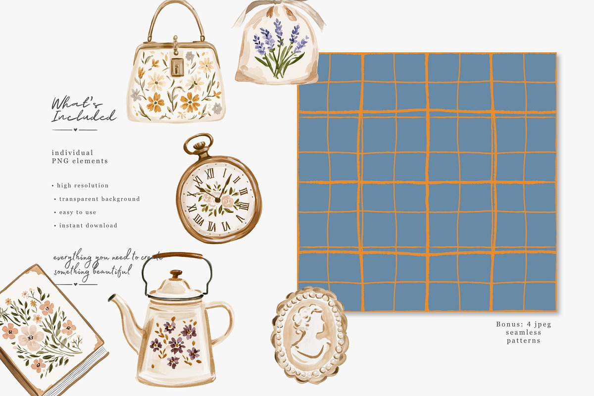 grandmillennial watercolor clipart, a Decorative Illustration by Patishop Art (Photo 2 of 9)