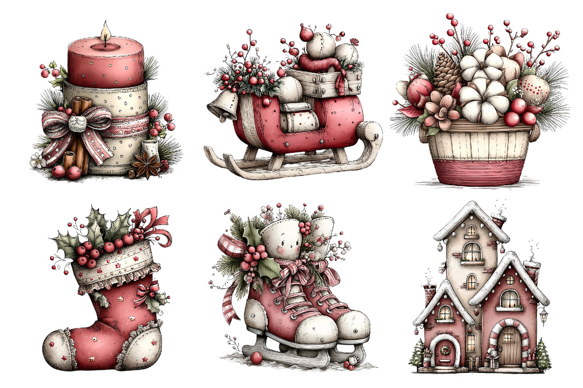 Watercolor Vintage Christmas Clipart, a Seasonal Illustration by Creative Art (Photo 3 of 7)