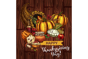 Thanksgiving Day Sketch Vector Cornucopia Poster