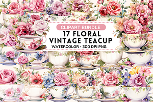 Watercolor Floral Vintage Teacup Cli