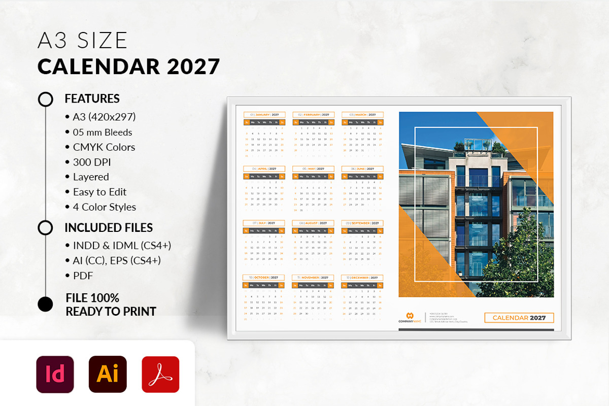 A3 Landscape Calendar 2027 Template, a Stationery Template by MstArtwork (Photo 1 of 5)