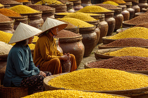 Women sitting near spice containers, a Photo by Beautiful things