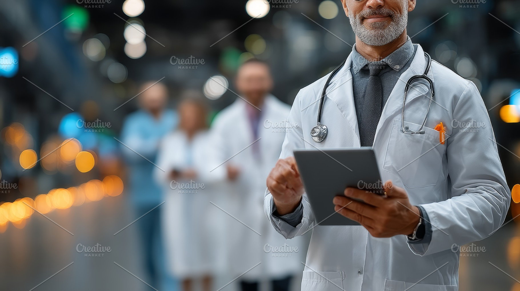 Confident doctor using tablet with medical team in the background, a Health & Medical Photo by AS photostudio