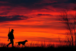 Hunter walking with dog at sunset through tall grass with fiery, a Person Photo by José Manuel Gelpi