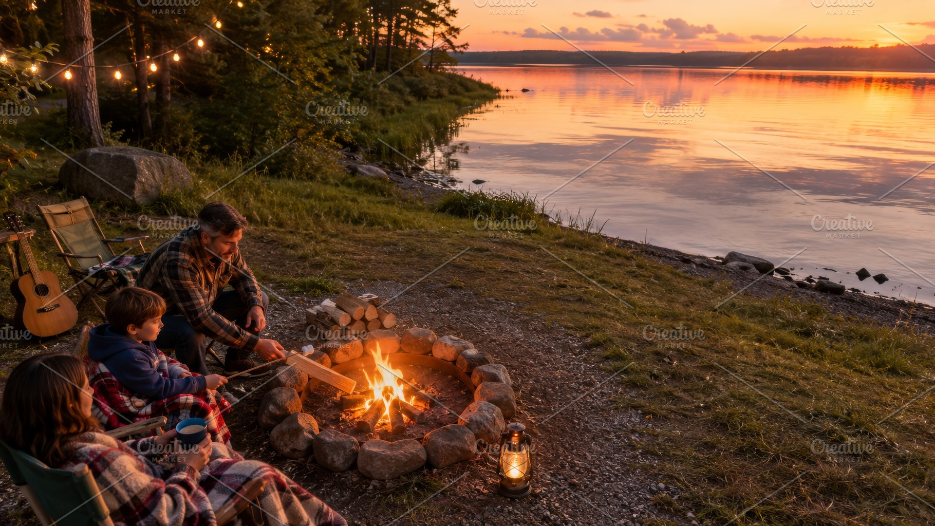 Family camping by a lakeside campfir, a Photo by Dvoevnore photos